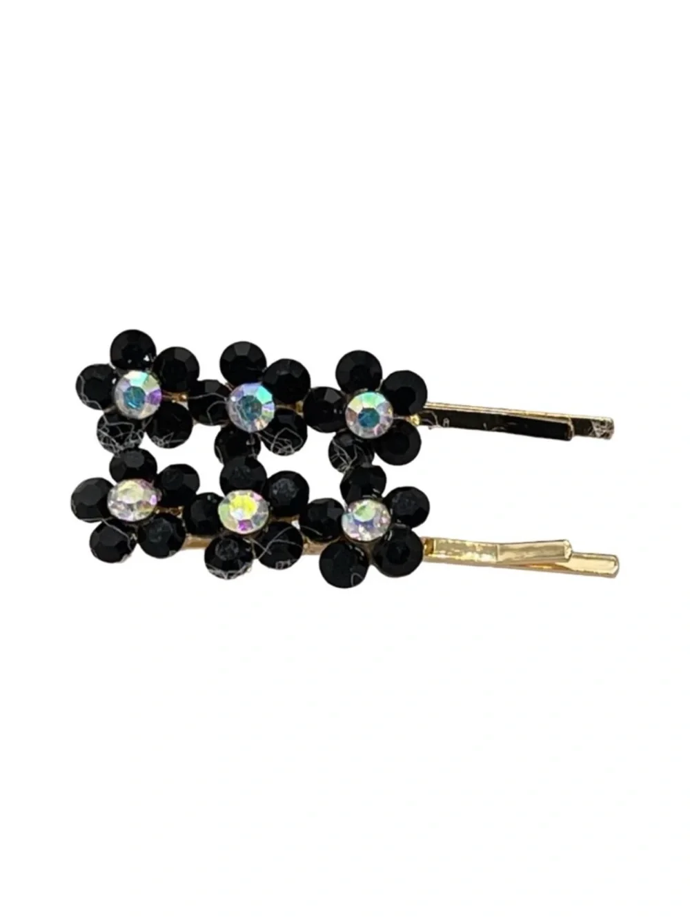 Black Crystal Flower Bobby Pin Set with Gold Accents FINAL PRiCE DROP